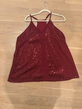 Sequin V-Neck Spaghetti Strap Tank Top - Red